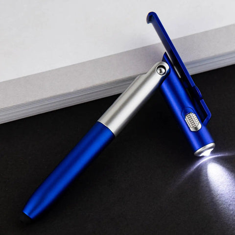 5 Must-Have Multifunctional Ballpoint Pens With 4-In-1 Writing, LED Light, Foldable Phone Stand, Smooth Fast-Dry Ink, Smudge-Resistant, Clip On Pocket Or Notebook, Lightweight Desk Accessory Gift blue pen with LED light on notebook