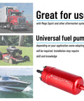 External Inline 12V Fuel Pump Universal High Pressure 116 Psi For Fuel Injection Systems, Electric Replacement For 0580464070, red pump beside images of truck, mower, and boat