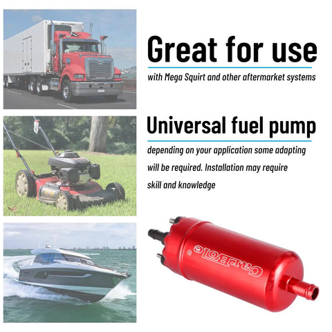 External Inline 12V Fuel Pump Universal High Pressure 116 Psi For Fuel Injection Systems, Electric Replacement For 0580464070, red pump beside images of truck, mower, and boat