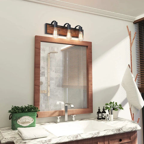 Over Mirror Vanity Light Fixture With Wood Accent And Black Matte Steel Farmhouse Sconce for bathroom above wooden mirror