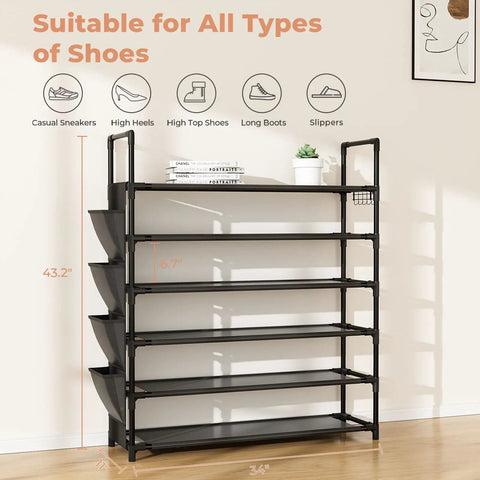 Hella Compact Six Tier Shoe Rack Organizer With Hook And Side Pocket Fits Twenty Four To Thirty Pairs Boots And Sneakers Free Standing Entryway Closet And Hallway Cabinet That Takes Zero Room And Sets Up Like A Dream with dimensions 34W by 11D by 42.3H.