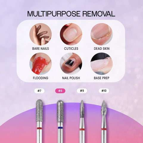 Diamond Carbide Safety Nail Drill Bit Three Thirty Second Inch Shank Style 08 Medium Grit Pro Grade Quality For Acrylic Gel Nails Dry Manicure Pedicure Shape Remove Tools, image showing various uses for manicure and pedicure, including cuticle care and nail polish removal.