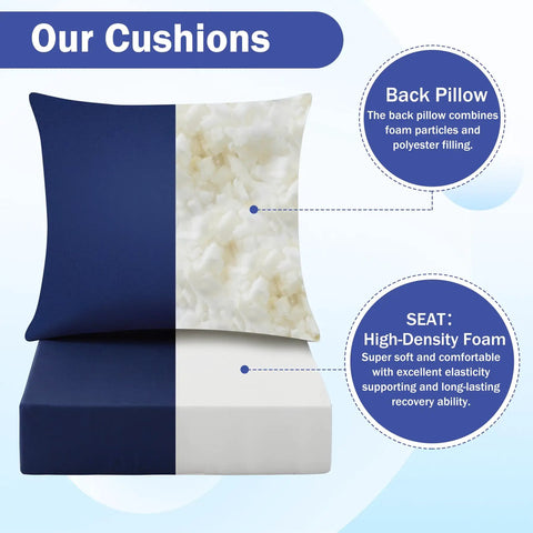 Outdoor Chair Cushions Set Twenty Four By Twenty Four Inch Deep Seat And Twenty Five By Twenty Two And A Half Inch Back Cushion Waterproof Fade Resistant Navy Blue With Ties And Handy Carry Handle For Patio Furniture Built To Last All Weather, showing cushion filling and foam details.