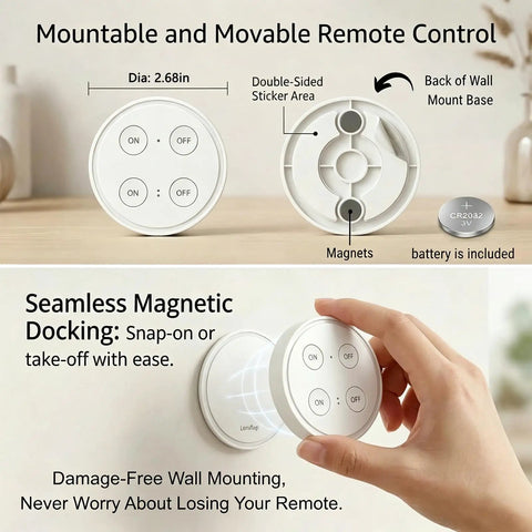 Wireless Outlet Kit With Ergonomic Round Remote And Magnetic Wall Base showing mountable remote and wall docking features.