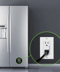 Surge Protector Receptacle With Grounding Indicator And Tamper Resistant Safety, 900 Joule Rating installed near refrigerator