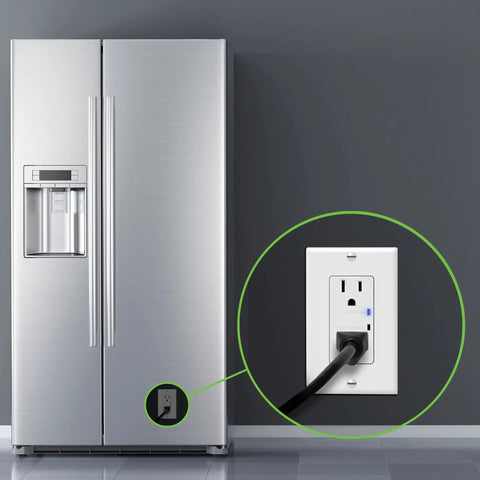 Surge Protector Receptacle With Grounding Indicator And Tamper Resistant Safety, 900 Joule Rating installed near refrigerator