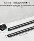 Badass 12 Inch Aluminum Camera Rig Rods With Industrial 15mm Diameter And Secure M12 Female Threads for a solid camera setup.