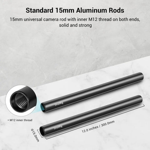 Badass 12 Inch Aluminum Camera Rig Rods With Industrial 15mm Diameter And Secure M12 Female Threads for a solid camera setup.
