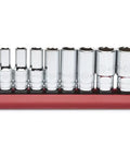 10 Piece Quarter Inch Drive 6 Point Mid Length Socket Set, SAE And Metric, with red organizer, front view
