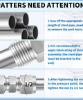 304 stainless steel compression tube fitting diagram showing 3/8 in. OD tubes, threaded nut, and step-by-step install notes