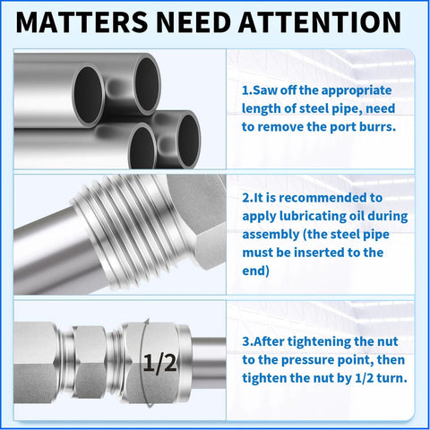 304 stainless steel compression tube fitting diagram showing 3/8 in. OD tubes, threaded nut, and step-by-step install notes