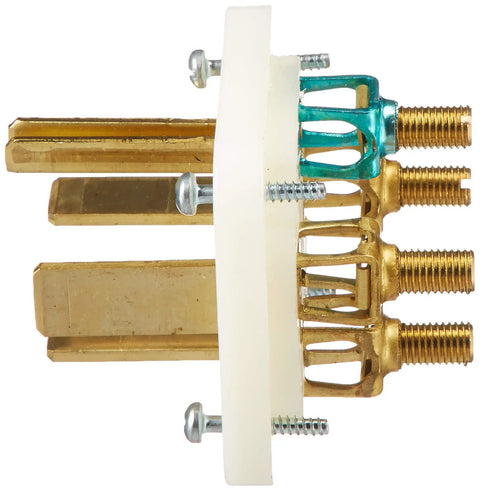 Internal view of 60 Amp 250 Volt Industrial Grade Angled Plug With Grounding And 3PY Straight Blade Design, brass connectors visible.