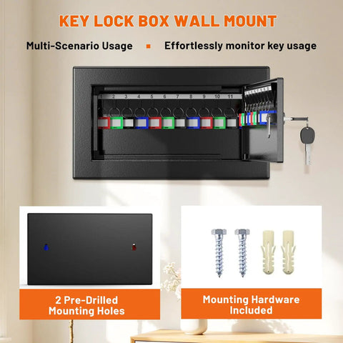 Wall Mounted Key Lock Box Holds Twenty Keys, Heavy Duty Metal Safe With Key Lock, Anti Theft Security, Color Coded Tags shown open