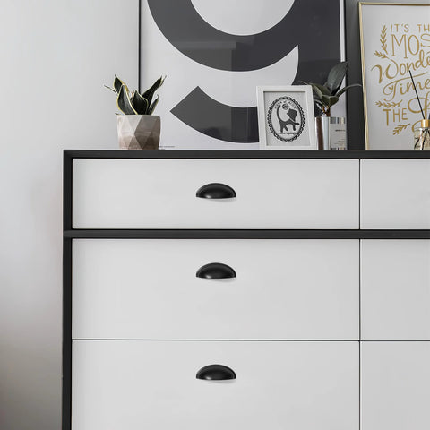 Chest of drawers with Matte Black Cup Pulls Set of 10 for Cabinets and Drawers Three and Eleven Sixteenths Inch Length Kitchen Hardware.