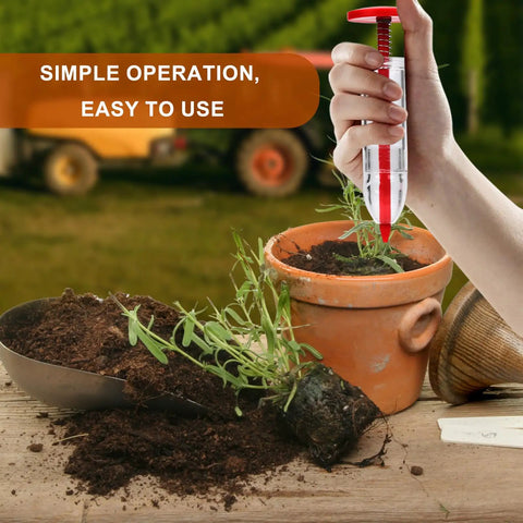 Mini Seed Spreader Set For Tiny Seeds And Seedlings, Handheld Sower With Dibber, planting in small pots with soil and plants