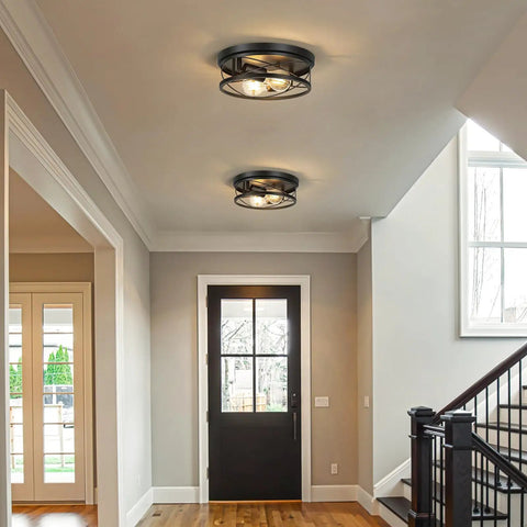 Black Industrial Round Flush Mount Ceiling Lights 2 Pack For Hallway Bedroom And Kitchen, installed in hallway, metal farmhouse style