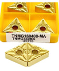 Premium TNMG160408 Carbide External Turning Insert For CNC Lathe Metal Machining in yellow box, showing triangular tools.