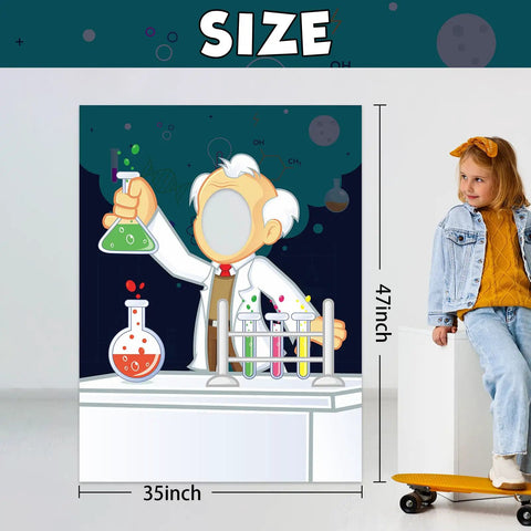 Science Party Banner For Pretend Play Let Kids Channel Their Inner Mad Scientist Backdrop Decor Chemistry Theme For School Classroom Lab Birthday Party Supplies showing a colorful cartoon scientist with beakers and test tubes, dimensions 47.2 x 35.4 inches.