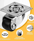 Mini Caster Wheels Set Of 12 Features Low Profile Nylon Rollers With Super Smooth Swivel Action, close-up of 360° rotating wheel with metal bracket.