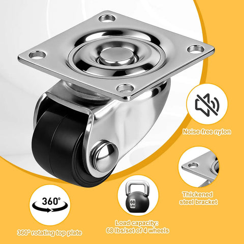Mini Caster Wheels Set Of 12 Features Low Profile Nylon Rollers With Super Smooth Swivel Action, close-up of 360° rotating wheel with metal bracket.