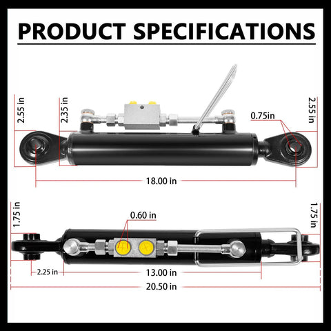 Beefy Heavy Duty Hydraulic Top Link For Tractors And Excavators Adjustable Cat 1 To 2 Length One Eighth To Twenty Six And Three Eighths Inches Includes Locking Block And Dual Hoses Ideal For Agriculture Waste Construction And More. product specifications with 18 in and 20.5 in lengths