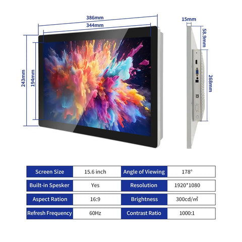 15.6 Inch Capacitive Multi-Touch Industrial Monitor With 16:9 FHD 1920x1080, Built-In Speakers, USB, VGA And HDMI Ports