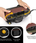 Hands adjusting 7 Amp 3x21 Inch Belt Sander With Variable Speed 120 To 400 RPM Dust Bag 2 In 1 Bench And Belt Sander