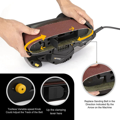 Hands adjusting 7 Amp 3x21 Inch Belt Sander With Variable Speed 120 To 400 RPM Dust Bag 2 In 1 Bench And Belt Sander