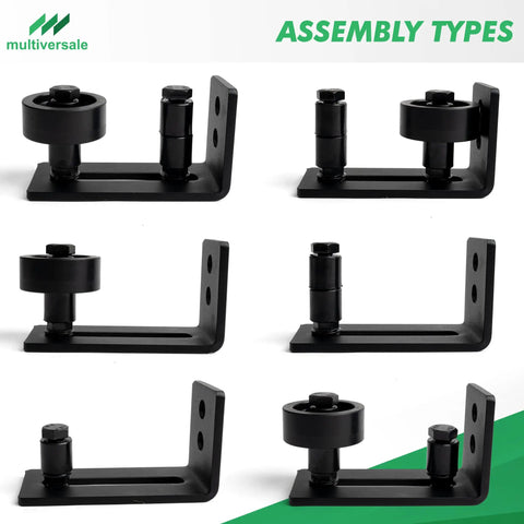 Black Barn Door Floor Guide Set With Handle And Latch Lock For Sliding Doors showing different assembly types.