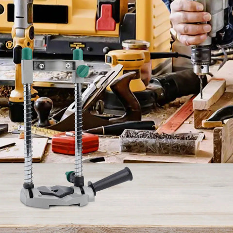 Adjustable Electric Drill Stand With 45 Degree Angle Drill Guide Holder in a woodworking shop with tools on a table