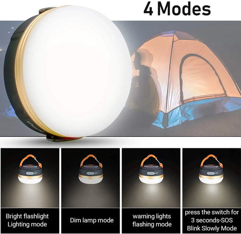 Rechargeable LED Camping Lantern With 4 Light Modes, tent light mode, highlighting tent silhouette, multiple brightness options
