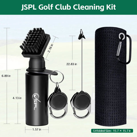 All In One Golf Towel And Club Brush Cleaning Kit With Water Bottle 16x16 Premium Microfiber, towel rolled with clip