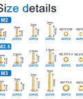 Badass Brass Machine Screw And Nut Kit With Washers For Electronics Repair showing detailed sizes of M2, M2.5, and M3 fasteners.