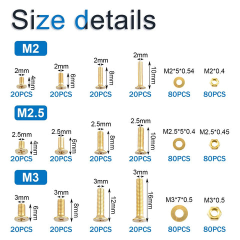 Badass Brass Machine Screw And Nut Kit With Washers For Electronics Repair showing detailed sizes of M2, M2.5, and M3 fasteners.