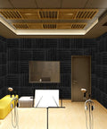 Home studio with 50 Pack Pyramid Acoustic Foam Panels 2 By 12 By 12 Inches For Walls And Ceilings Studio Grade Soundproofing Black