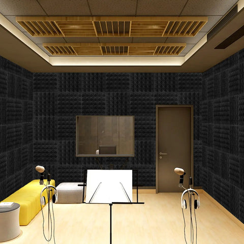 Home studio with 50 Pack Pyramid Acoustic Foam Panels 2 By 12 By 12 Inches For Walls And Ceilings Studio Grade Soundproofing Black