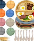 Eight Pack 9 Inch Divided Plates With Spoons Set in colorful stackable plastic for portion control and meal prep, shown with food.