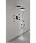 Wall Mounted Shower System with 6 Body Sprays and Hand Shower featuring sleek matte black finish and cascading water.