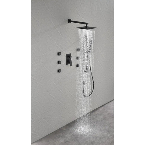Wall Mounted Shower System with 6 Body Sprays and Hand Shower featuring sleek matte black finish and cascading water.