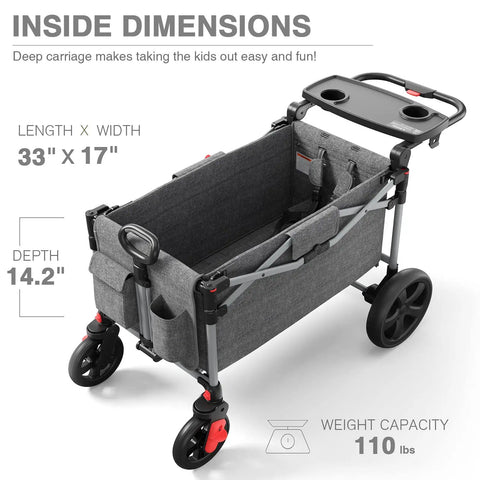 Foldable Wagon For Two Kids And Cargo With Adjustable Telescoping Handle, inside dimensions and weight capacity shown