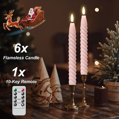 Pink Flameless Taper Candles Real Wax With Remote Timer 6 Pack 9.8 Inch LED Spiral 3D Wick on a table