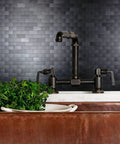Black kitchen sink with faucet against 10-Sheet Peel And Stick Metal Backsplash Tiles In Brushed Aluminum Self Adhesive Subway 3D Wall Sticker