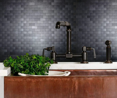 Black kitchen sink with faucet against 10-Sheet Peel And Stick Metal Backsplash Tiles In Brushed Aluminum Self Adhesive Subway 3D Wall Sticker