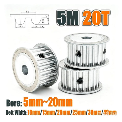 Premium HTD 5M Timing Pulley With 20 Teeth And 5mm Pitch AF Design Fits 5 To 20mm Bore, alloy build for varied applications.