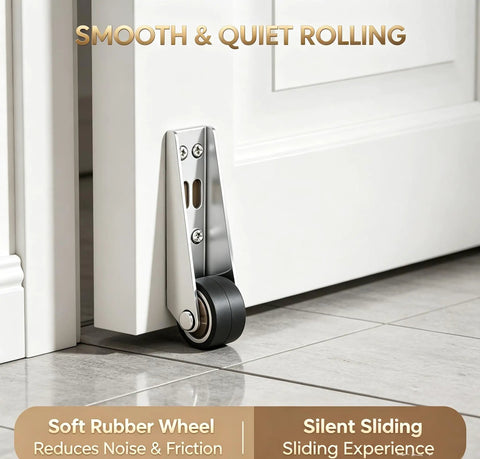 4 Pack Hella Durable Vertical Track Roller Wheels Silently Roll Slick Across Hardwood Floors Built Tough For Barn Sliding Door Bottom Guide Cabinet Setup. Close-up of soft rubber wheel and alloy steel bracket.