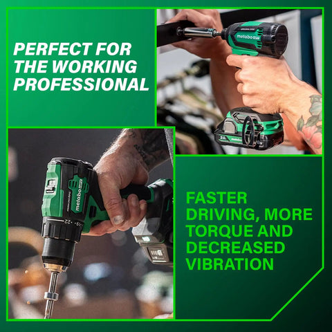 Close-up of 18V MultiVolt Brushless Drill And Impact Driver Combo Kit with 2 Batteries and Charger used by a professional