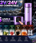 Ride Ready 12V 24V Vacuum Insulated Car Electric Kettle displayed in vehicle with digital temp control for travel drinks.