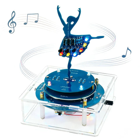 Soldering Practice Kit With DIY Rotating Music Box, Acrylic Case, RGB LED Light Show, ballerina circuit assembly and music notes.