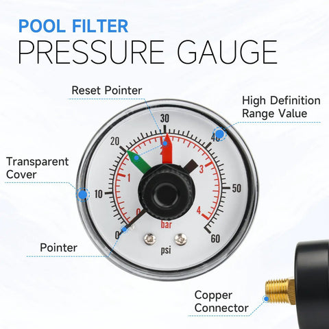 Replacement Pool Filter Pressure Gauge For Back Mount DE Sand And Cartridge Filters And ProGrid XStream SwimClear Systems 190059