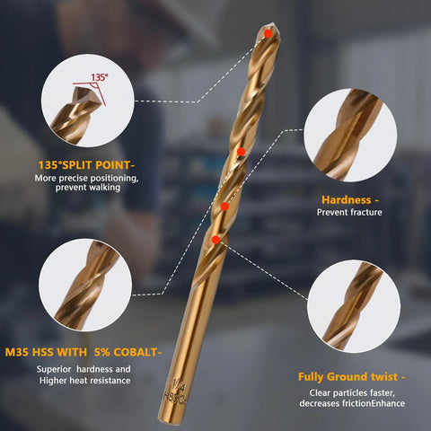 Cobalt M35 HSS twist drill bit close-up with 135° split-point and fully ground flute.